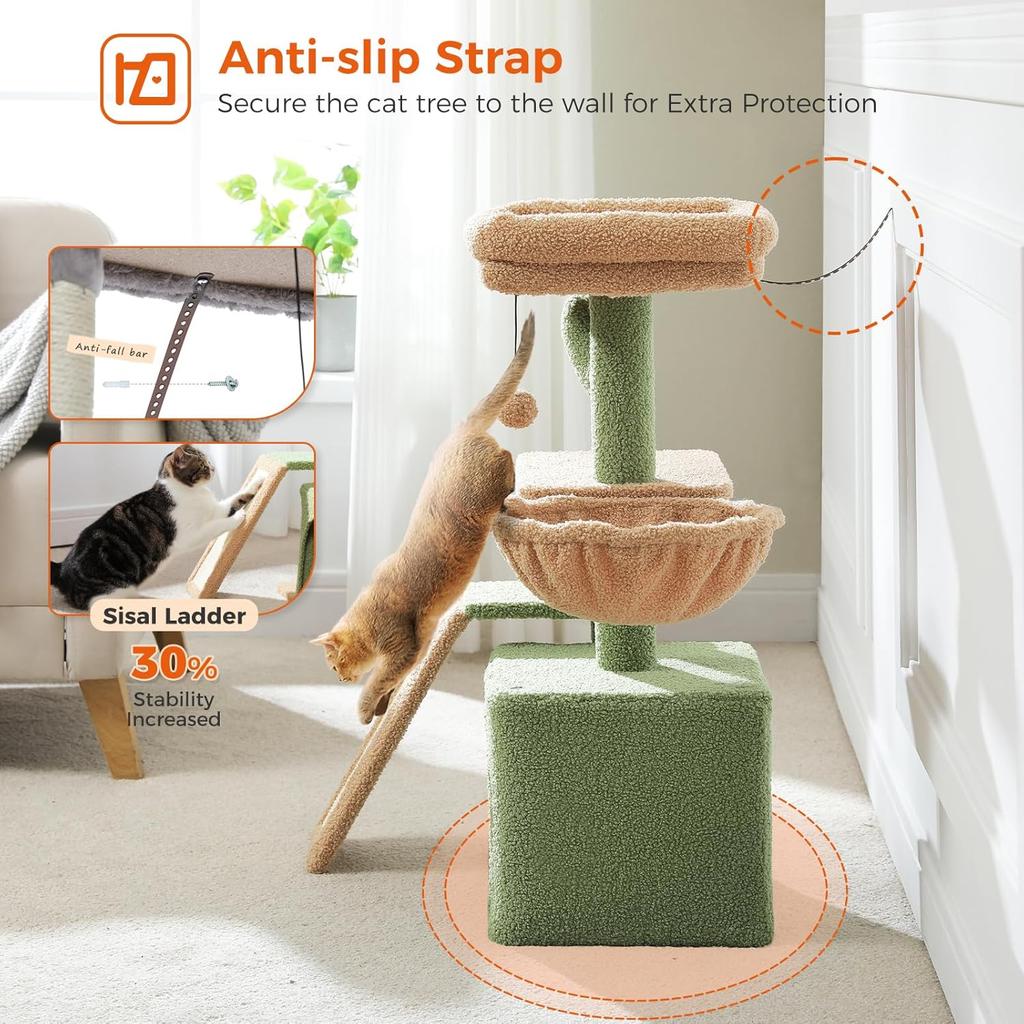 Cactus Cat Tree for Indoor Cats, Sisal Scratching Ramp, Cozy Hammock and Removable Top Bed Perch for Kittens, Green