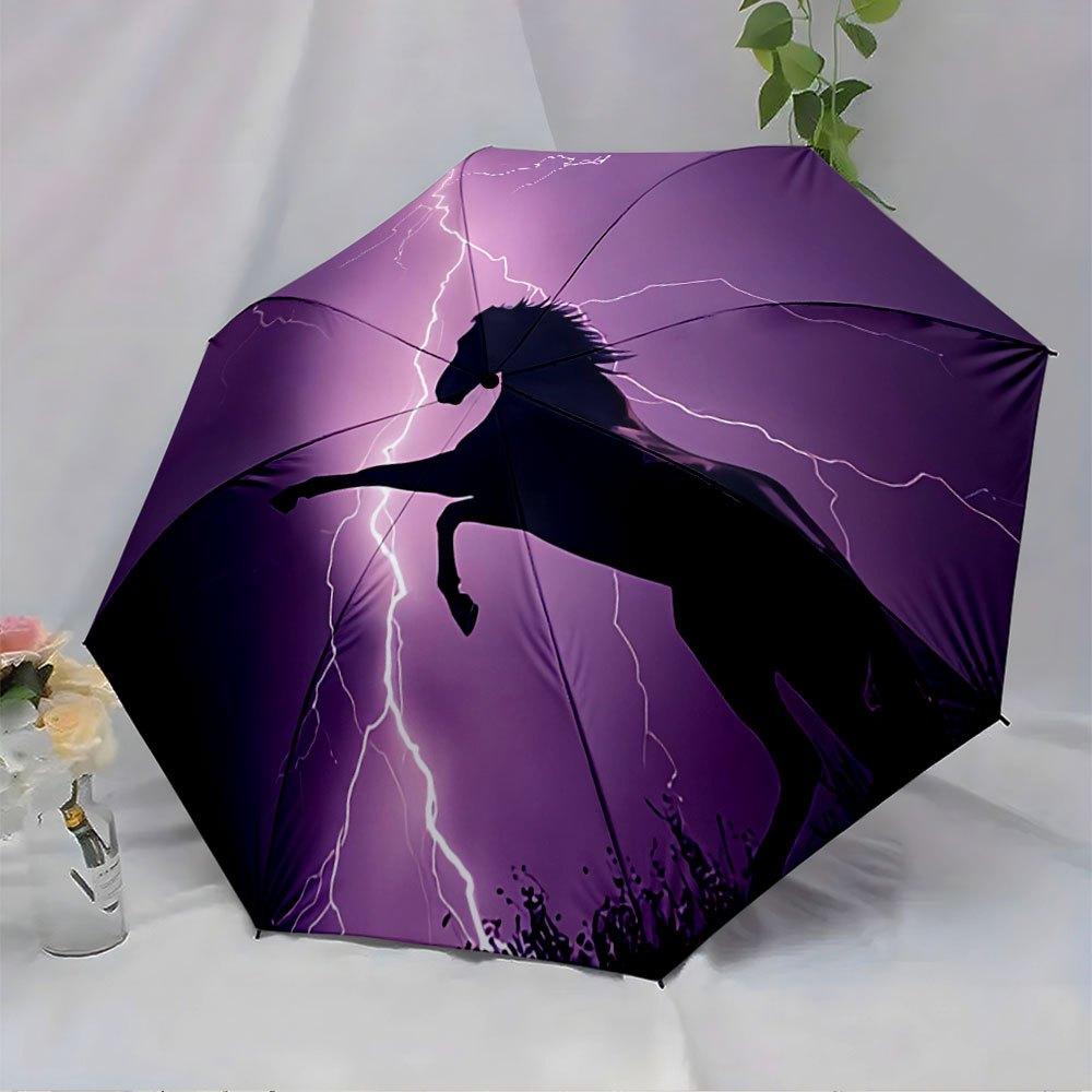 Automatic Opening/Closing Umbrella with Lightning Horse Design - Purple Lightning & Gothic Black Windproof 8-Rib Sturdy Frame,
