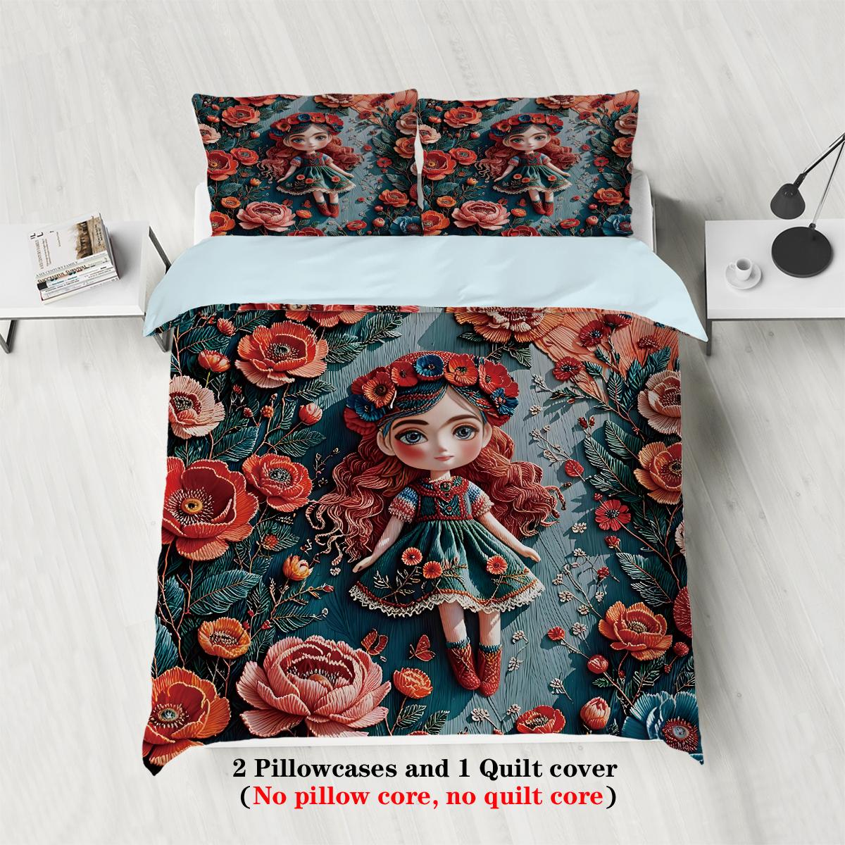 

3pcs 3D yarn girl and flower pattern printed bedding set, 1 duvet cover+2 pillowcases, suitable for girls and women bedroom 135x200cm-EU-Single
