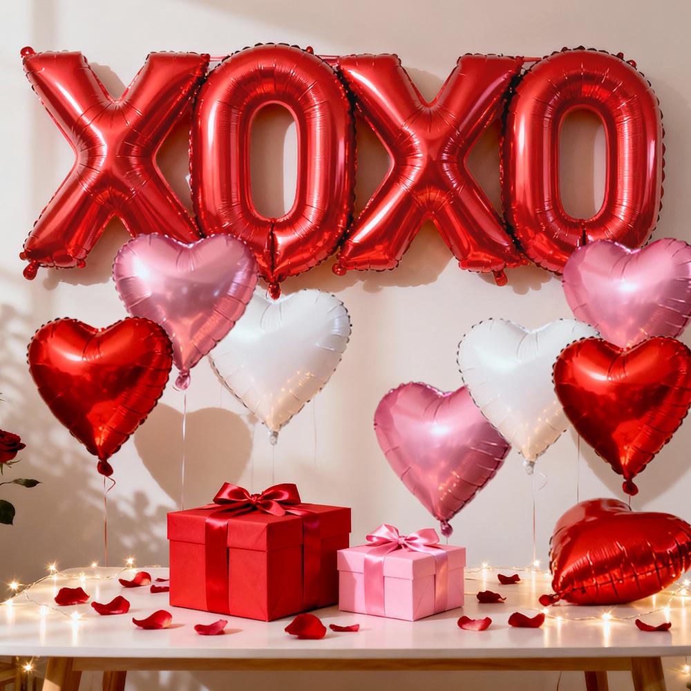 28Pcs Love Heart Shape Foil Balloons10inch Red Pink Heart XOXO Balloon Wedding Valentines Day Anniversary Girls Party Supplies