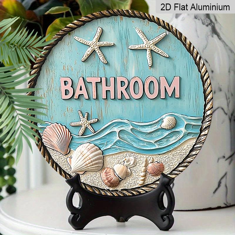 2D Flat, 1pc Round Aluminum Coastal Bathroom Metal Sign, Nautical Starfish & Seashell Beach Wall Plaque, Distressed Blue Wood Effect, Waterproof