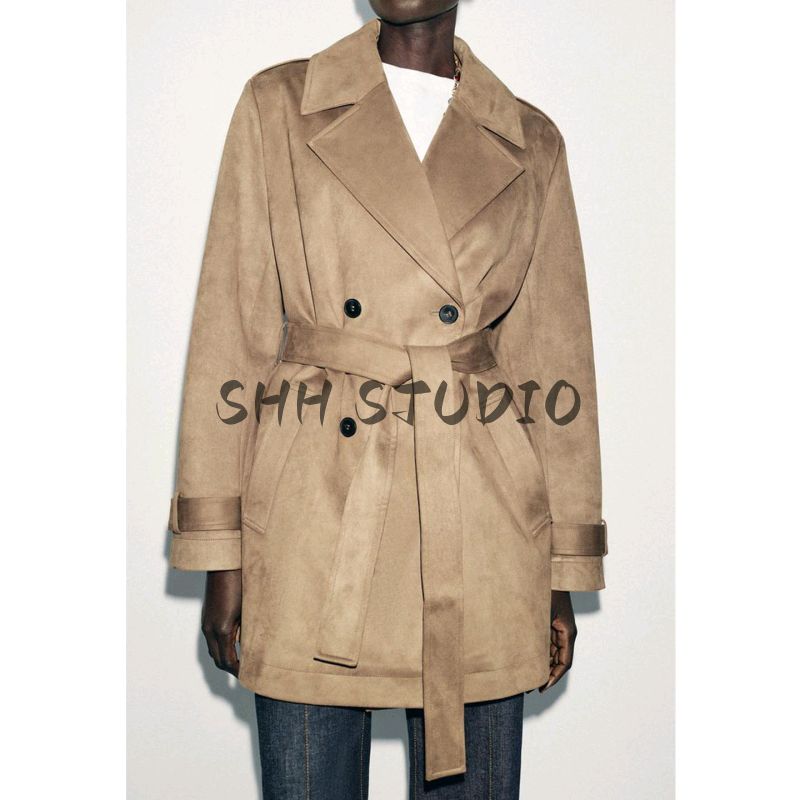 Fall New Women's Clothing Double Breasted Button Long Sleeves Lapel Pocket with Suede Effect Trench Coat 3046279