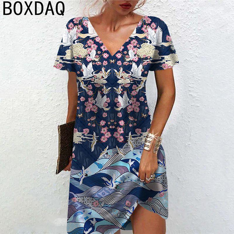 Elegant Women's Dress Summer Short Sleeve V-Neck Casual A-Line Dress Beach Holiday Dress Big Size Lady Vestidos