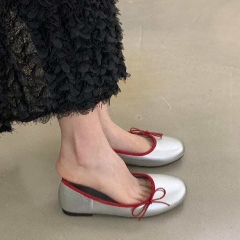 

Fashion Suede Bow Soft-soled Ballet Shoes for Women 2025 New Fairy Style One-foot Slip-on Round-toe Delicate Single Shoes 40 серебряный