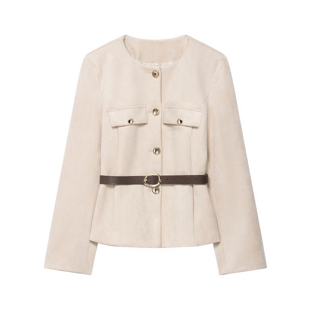 Women's Fashion Belt Suede Solid Color Suit Long-Sleeved Jacket