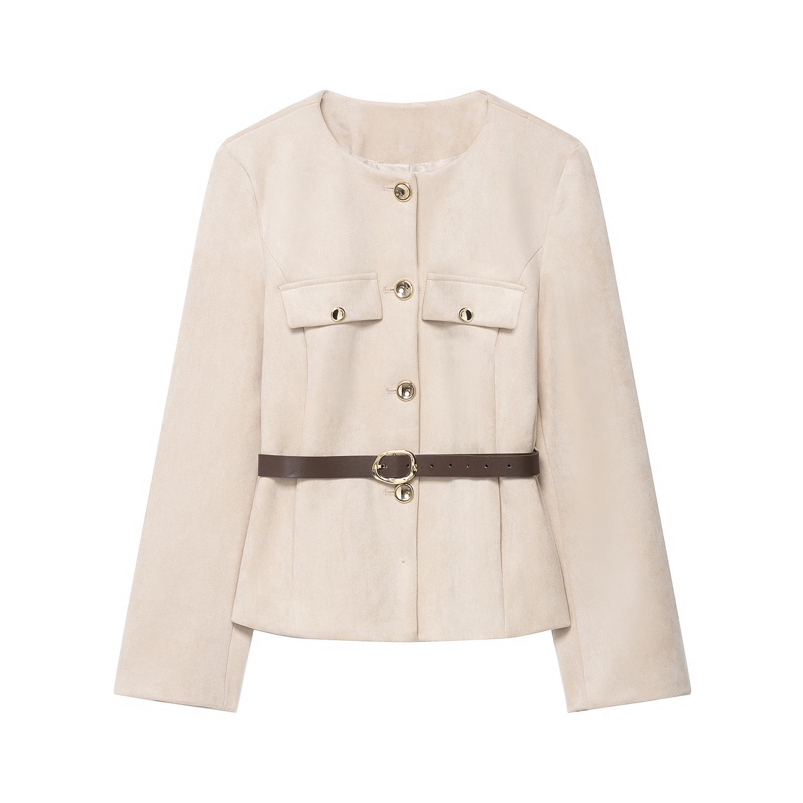

Женский модный ремень Замшевый Однотонный Костюм Куртка с длинным рукавом S бежевый