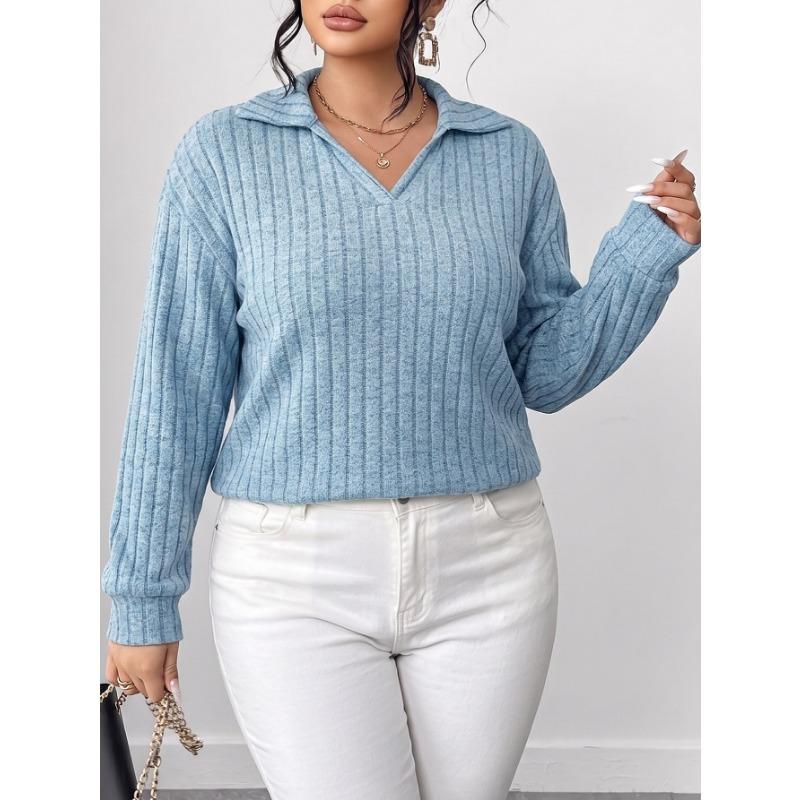 Plus Size Women S Long Sleeve Knit Turn Down Collar Striped Casual Basic Top