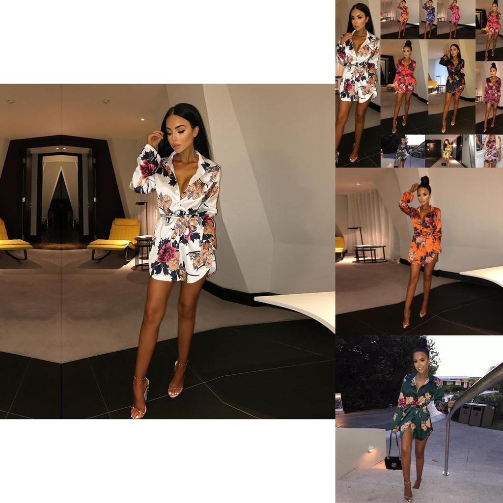 Elegant Women's Fashion Satin Floral Print Shirt Mini Dress Perfect For Casual Occasions