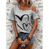 Large Casual Asymmetrical Collar with Heart-shaped Printed Suspender and Elastic Short Sleeves Women's T-shirts