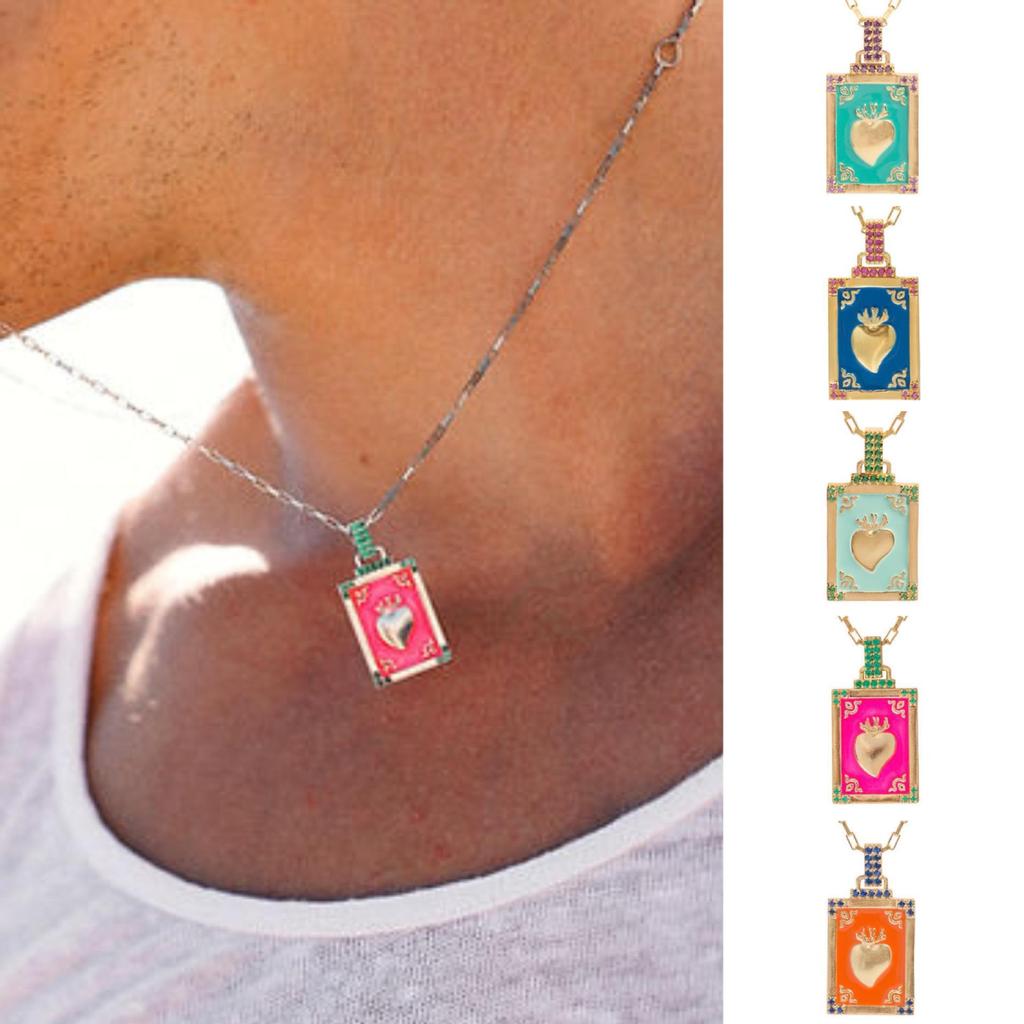 Retro Tarot Card Heart Pendant Necklace, Colorful Oil Drop, Gold-Plated Copper, Artistic Design