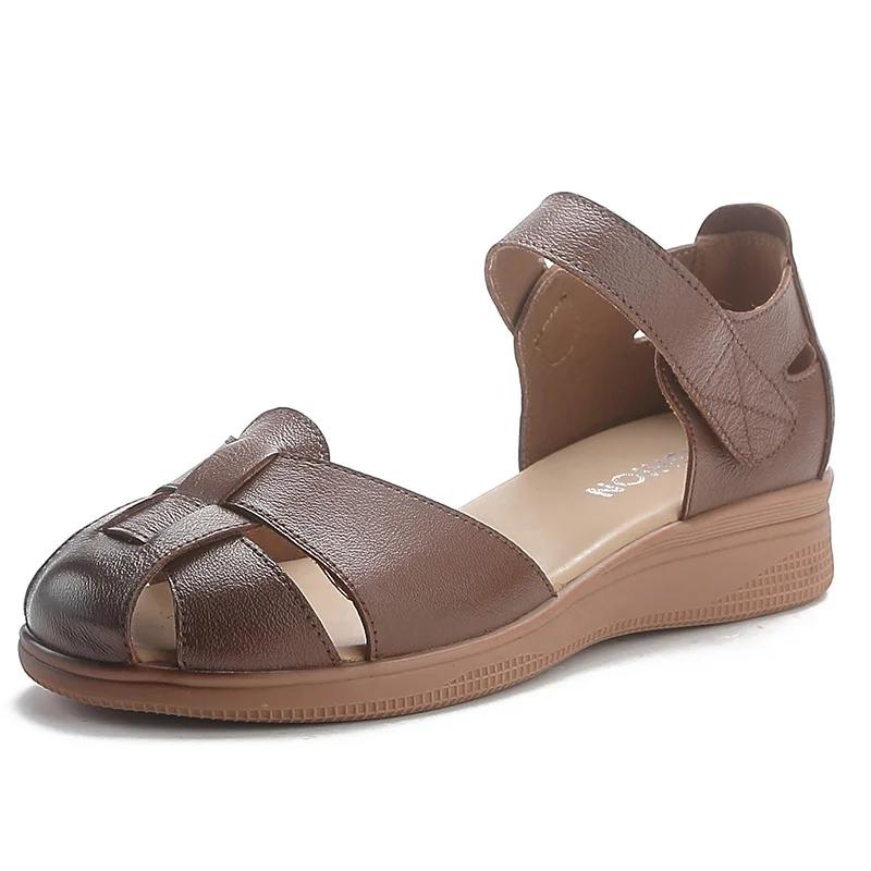Mode Rindsleder Sommer Keilabsatz Sandalen Damen Echtes Leder Rutschfest Dicke Sohle Schuhe Mittelalterliche Ältere Mütter Weiche Sohle Schuhe