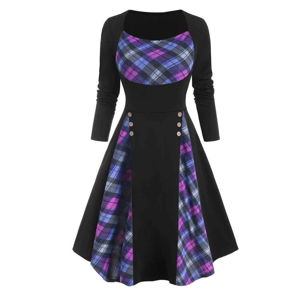 Damen Vintage-Kleid mit rundem Ausschnitt, kariertem Patchwork, Mock-Button und langen Ärmeln