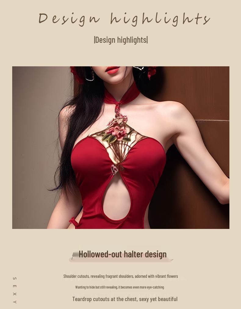 Bridal Red Peony Embroidered Halter Lingerie Set