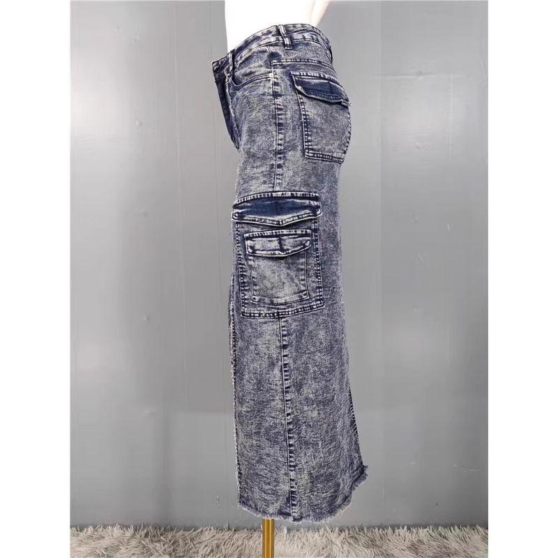 Foreign Trade High Texture High Waist Sheath Front Slit Retro Washed Burr Design Sense A Word Denim Pocket Skirt