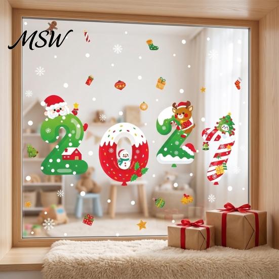 Christmas Window Decals 4 Sheets 2027 New Year Clings, Double Sided Static Sticker with DIY Festive Art Santa Reindeer Snowflake Tree, No-Glue
