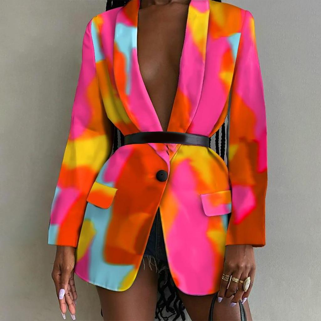 Women Fashion Long Sleeve Print Color Coat Open Front  Suit Jacket