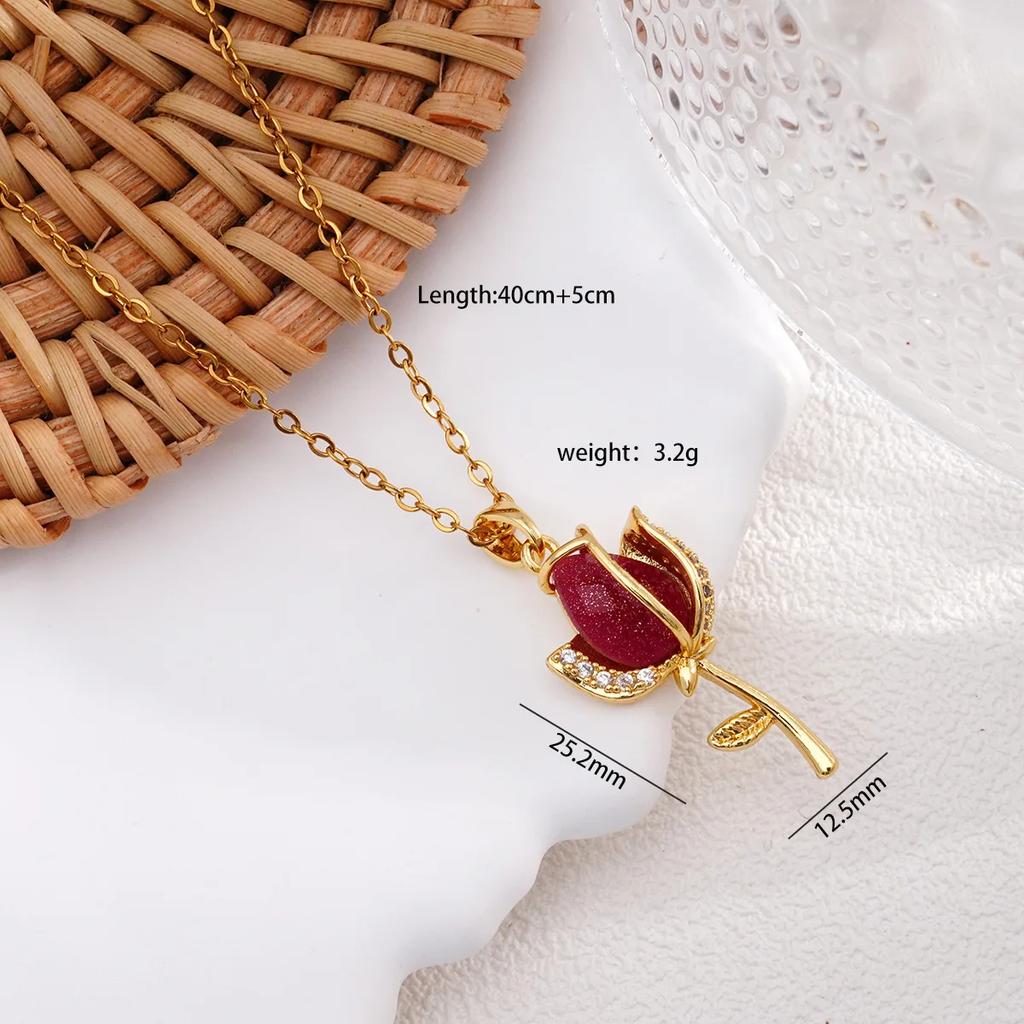 Elegant Colorful Crystal Zircon Tulip Flower Pendant Necklaces for Women Girls Gold Color Stainless Steel Chain Flower Jewelry