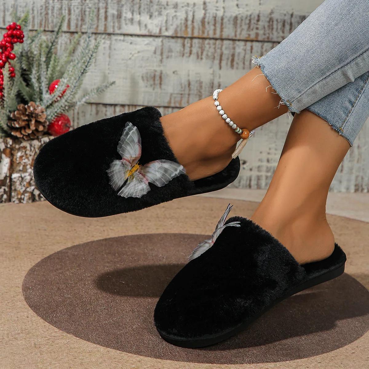 Plush Cotton Slippers 2024 Winter New Butterfly Girl Heart Indoor Home Warm Flat Bottom Non-slip Slippers Slides Zapatos Mujer 36 2445₽