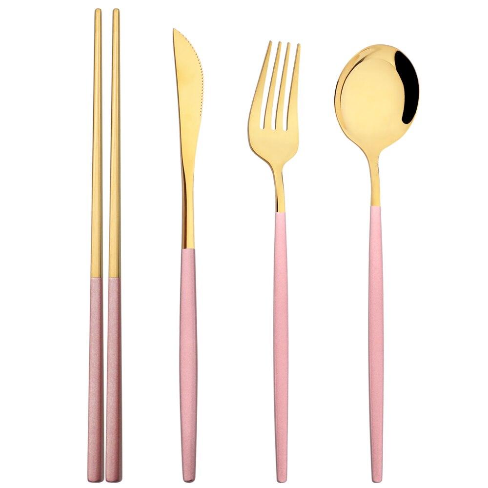 4Pcs Mirror Stainless Steel Tableware Gold Portable Dinnerware Knife Fork Spoon 304 Chopsticks Cutlery Set Western Flatware Set