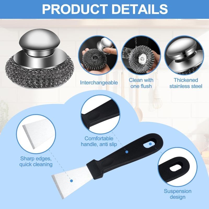 2Pcs Stainless Steel Scrubber with 4 Replacement Wire Pads, Stainless Steel Scourers with Handle for Cleaning Dishes, Stock Pots, Pans, Griddles,