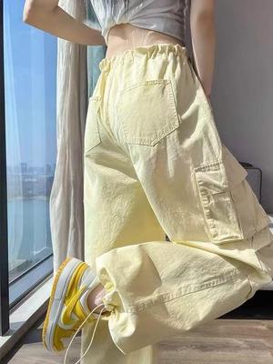 Auroral Yellow Women's Windproof Wide-Leg Cargo Joggers - Spring/Summer American Style for Tall Individuals