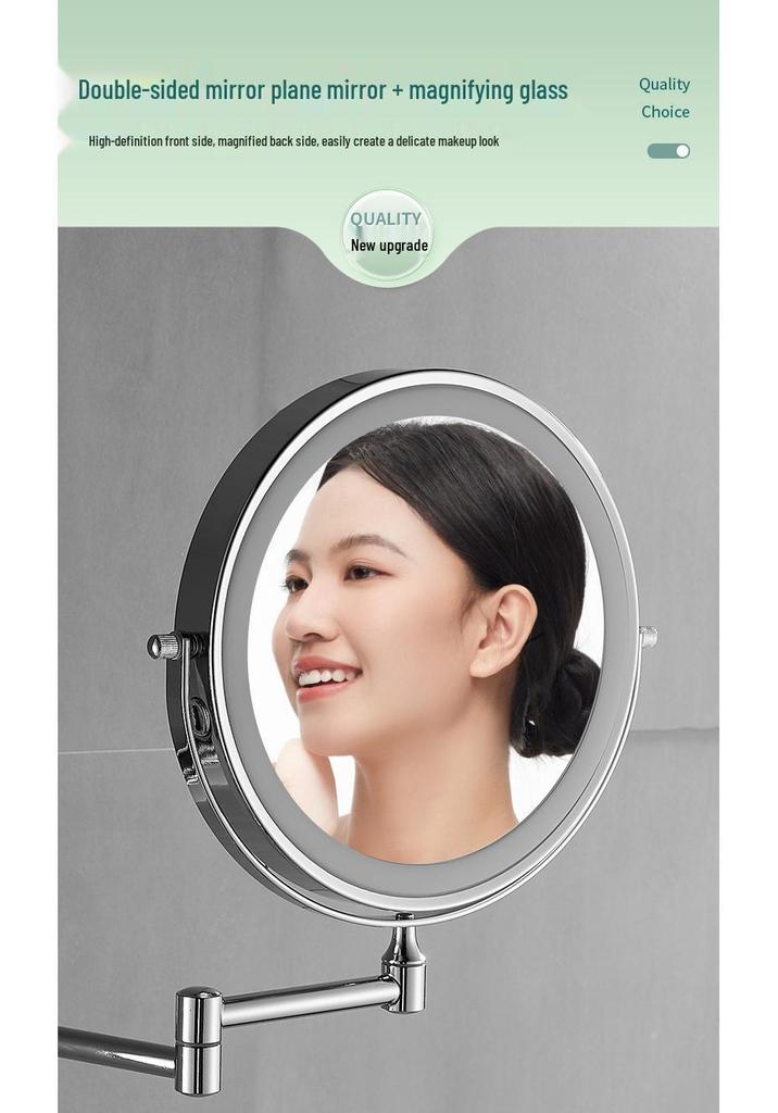 Wall-Mounted LED Vanity Mirror, Double-Sided with Light and Magnifier, Punch-Free Folding Design for Bathroom and Hotel Use