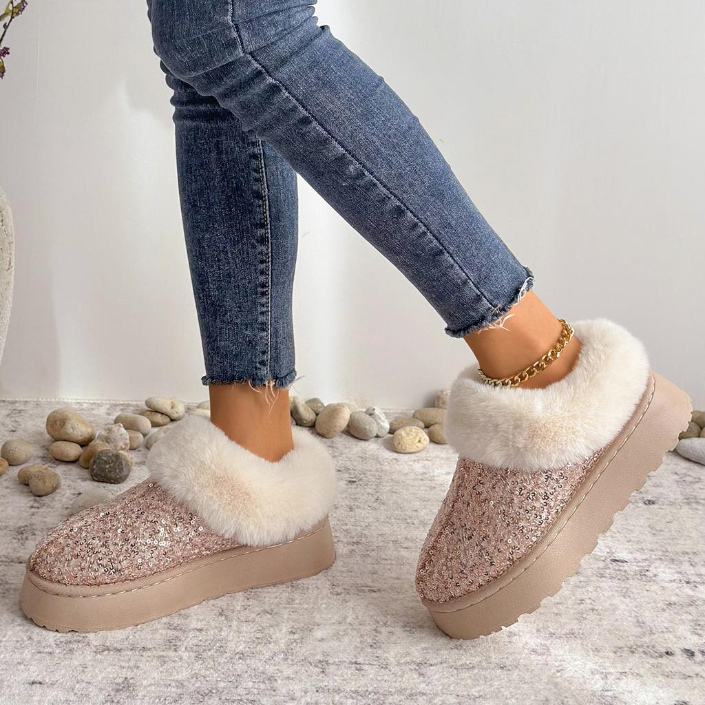 Fashion Faux Fur Winter Boots Women 2025 Fashion Shoes Sequined Cloth Warm Snow Boots Woman Non-Slip Thicken Plush Ankle Booties