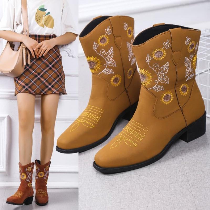 Modne zimowe buty damskie Modne buty outdoorowe Wygodne buty do chodzenia Haftowane brązowe skórzane buty Głębokie wysokie cholewki Damskie buty casualowe Botas