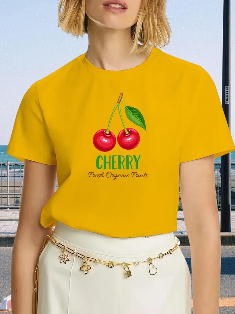 Cherry Blossom Graphic Print Crew Neck T-Shirt - Women's Casual Short Sleeve Summer & Spring Top Relaxed Fit