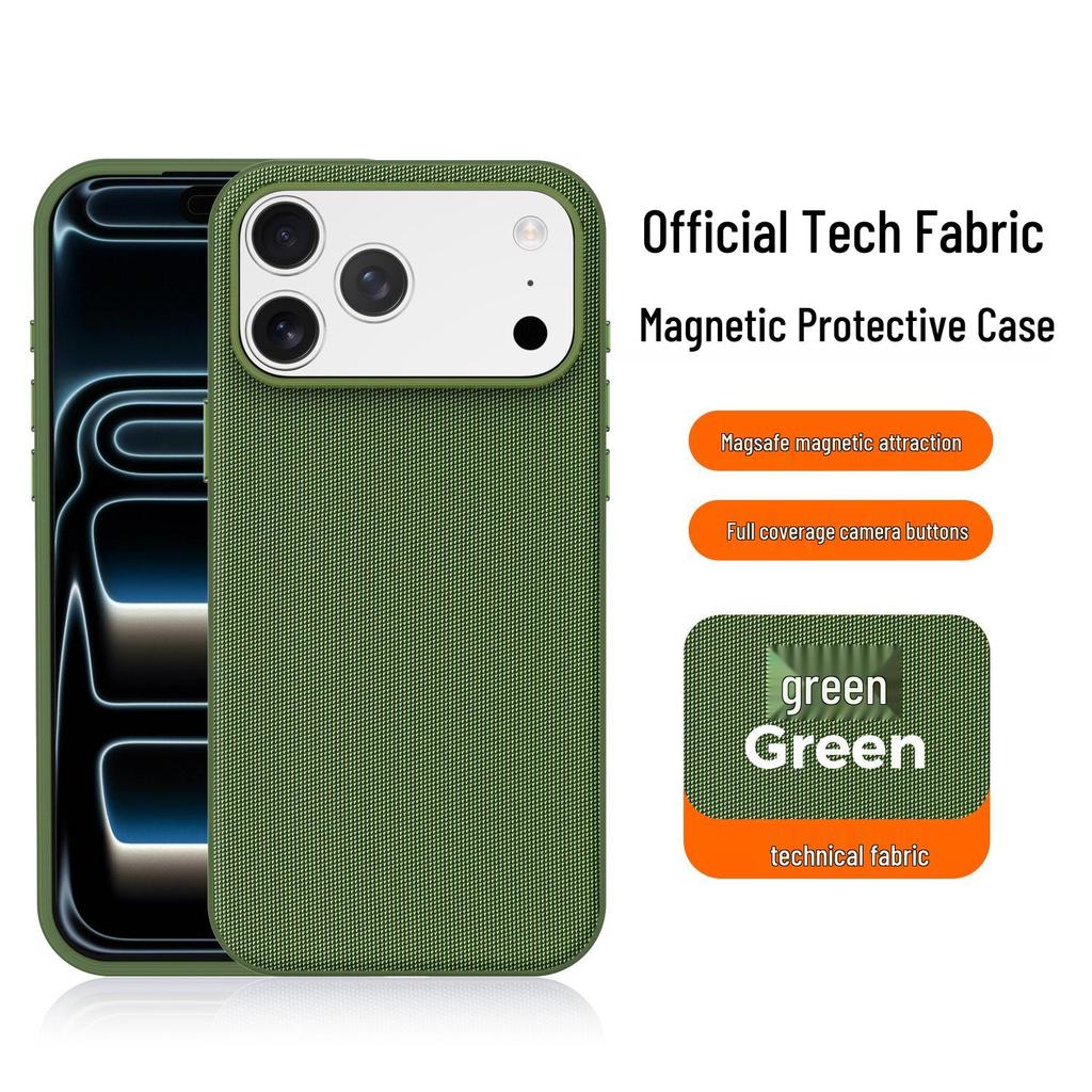 Magnetic Tech Cloth Fabric Phone Case for iPhone 15/16/17 Pro Max with Camera Button Protection.