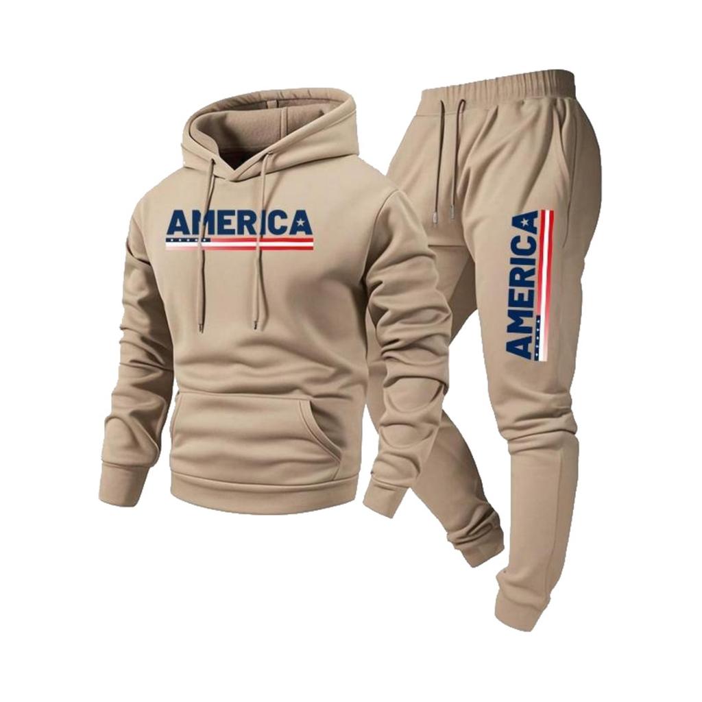 Men's Casual -color Letter Print T-shirt Set - Men's Fleece Hooded Drawstring T-shirt And Pants Two-piece Set