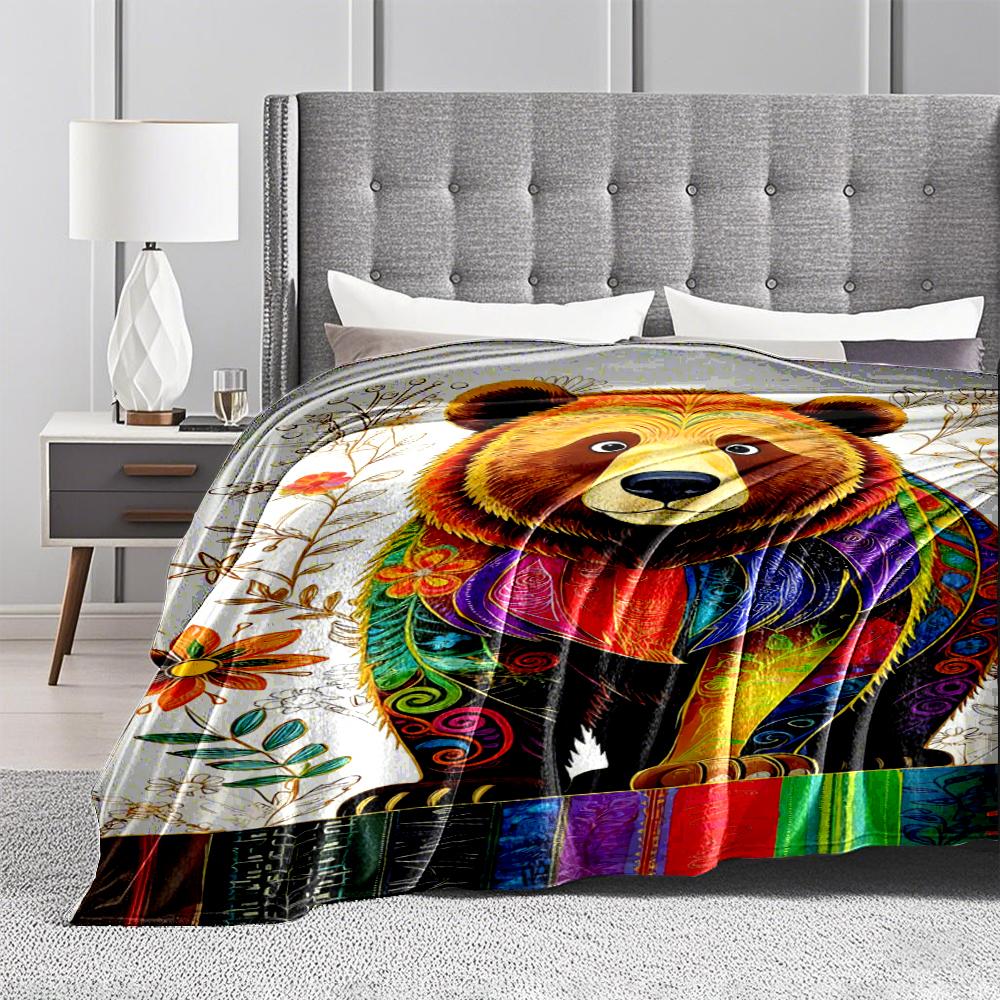 Colorful Bear Pattern blanket with Floral Design, Vibrant blanket, suitable for use in the bedroom, living room, on the sofa