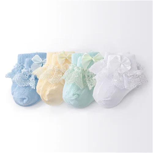 4 Paare/Los Frühling Herbst Neugeborene Babysocken für Mädchen Baumwolle Spitze Säuglingsmädchen Socke Prinzessin Schleife Kleinkind Baby Mädchen Socken 0-24M