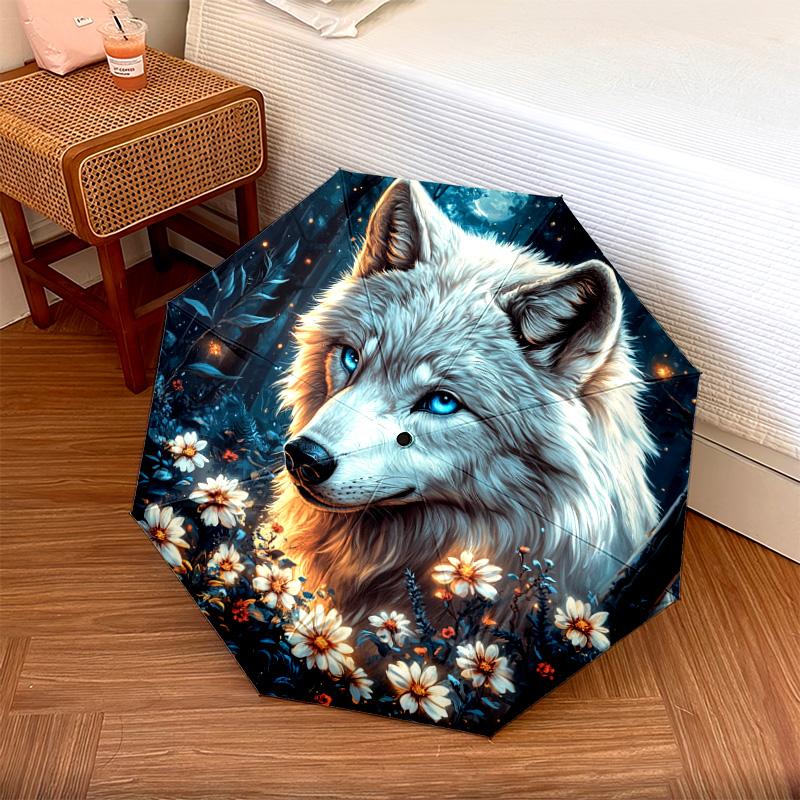 1 PC Automatic Folding Umbrella - Wolf In Moonlit Pattern, Portable & Foldable Design with 8 Ribs, Christmas Birthday Gifts