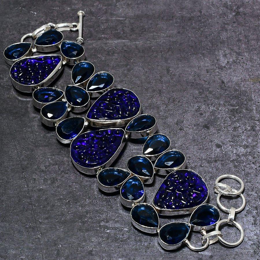 Blue Moldavite Quartz Gemstone Handmade 925 Sterling Silver Bracelet 7-8" C1a99
