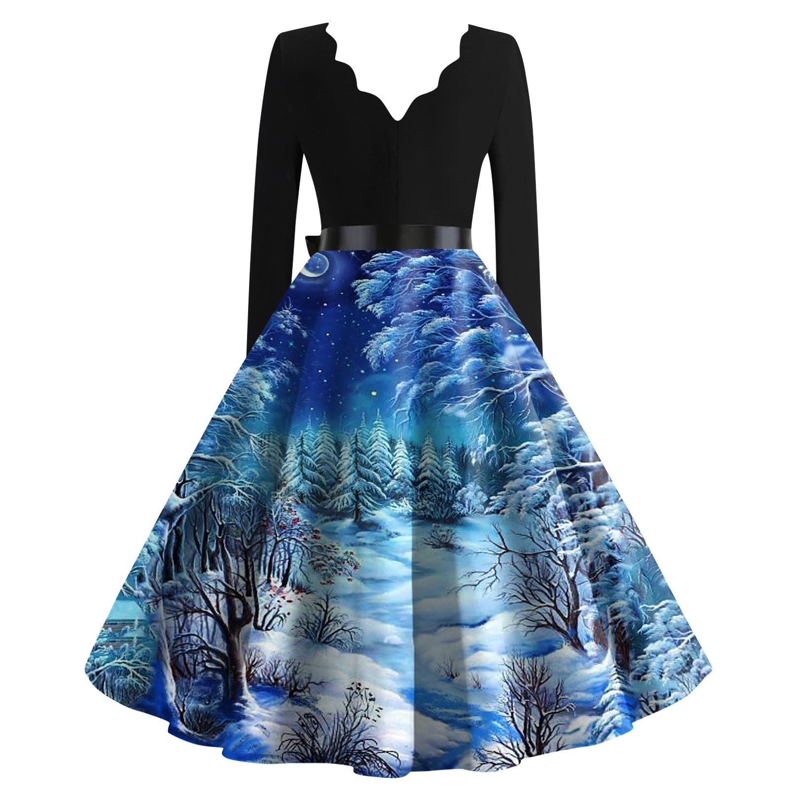 Женские рождественские повседневные модные винтажные платья с v-образным вырезом — фото 3