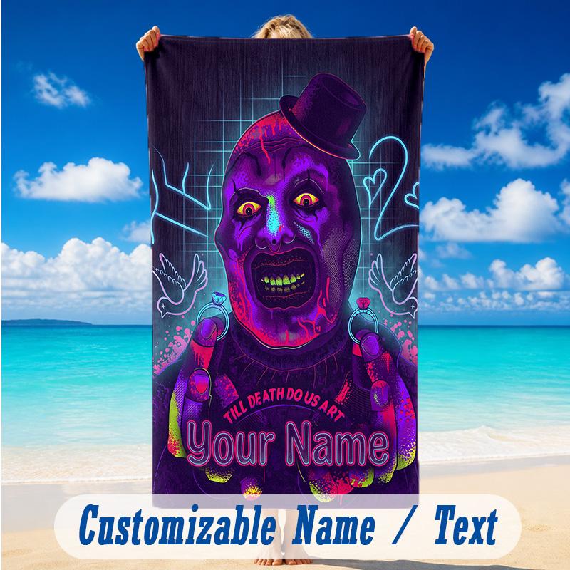 Beach Towel Custom Name Text, Quick Dry Large Towel For Beach HomeTerrifier Art the Clown