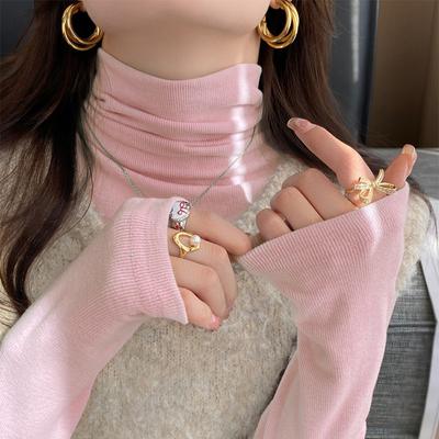 Pink Turtleneck Bottoming Shirt for Women In Autumn and Winter, New Slim Fit and High-end Style, Pile-collar Brushed Top