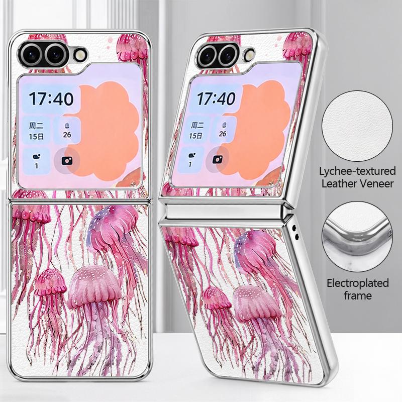 Jellyfish Dolphin Pattern Case For Samsung Galaxy Z FlIP 7 FE 6 5 Z Flip7 Flip6 Flip5 Luxury Plating PC+PU Leather Hybrid Folding Phone Cover