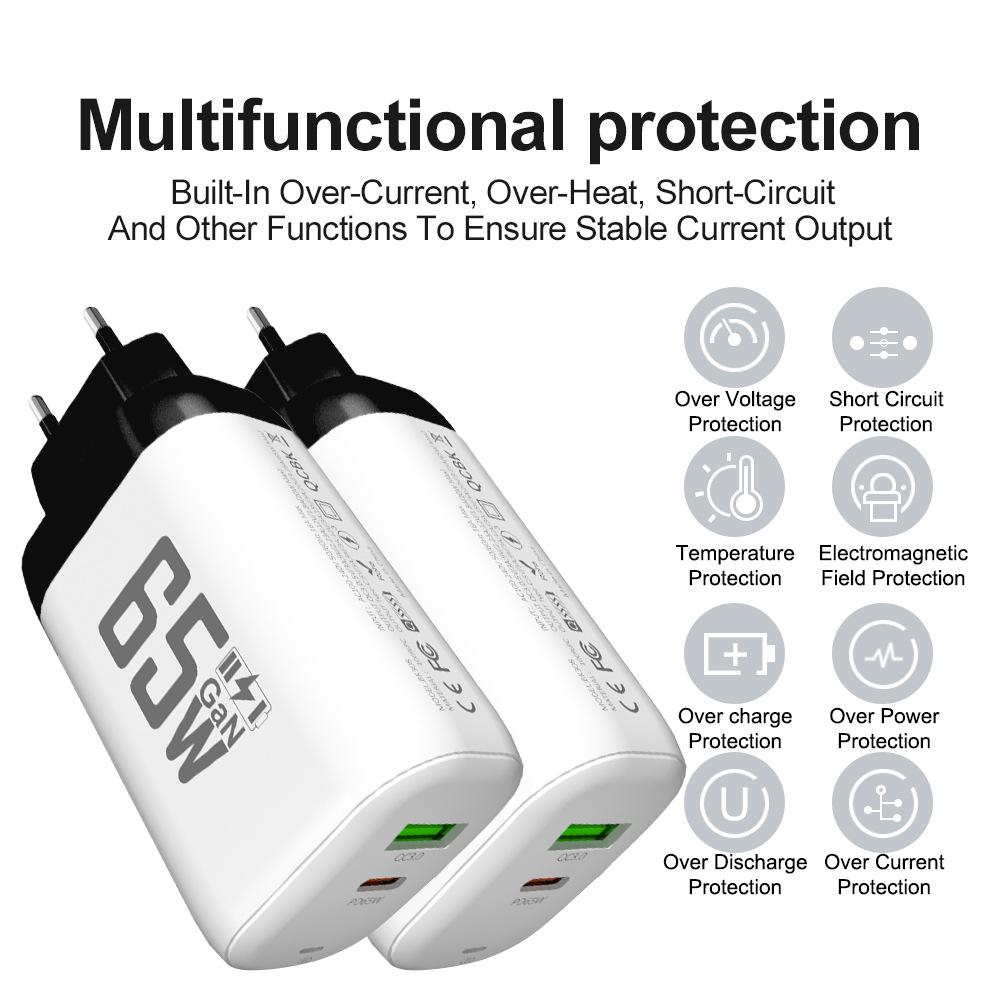 65W GaN QC 3.0 PD Fast Charger, USB, EU/US Spec, 9V/12V Compatible for Laptop