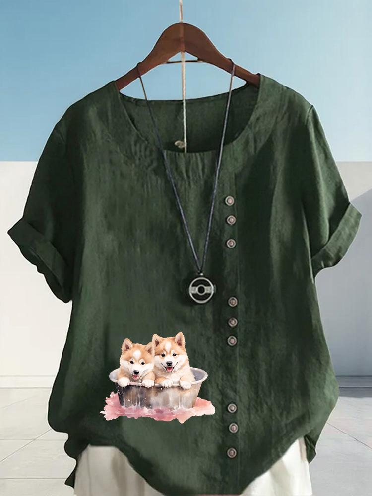 Women's Fashion Couple Dog Print Round Neck Short Sleeve T-shirt Summer Casual Cotton Linen Graphic Shirt Leisure Loose Blouse Tops