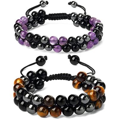 8MM Blue Tiger's Eye Black Magnet Bracelet Double Layer Handwoven Black Agate Double Row Bracelet Men's