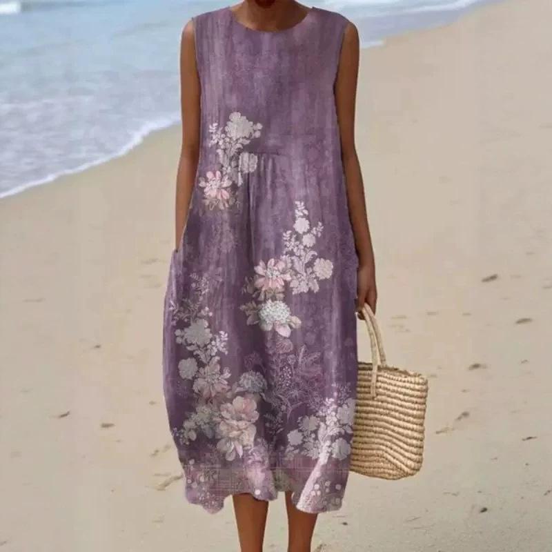 3D seaside vacation beach print long women s dress summer sleeveless vacation style casual and loose XS