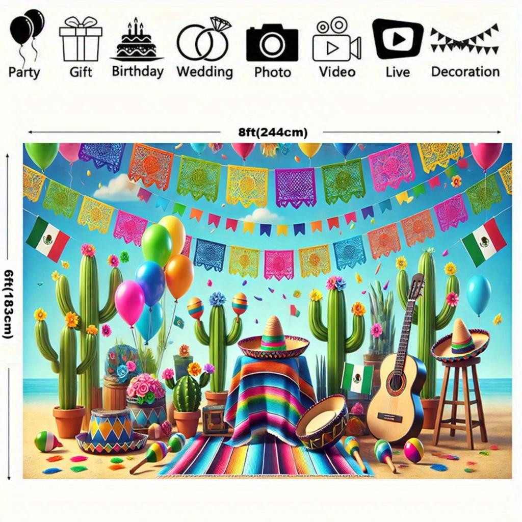 Background Banner for Mexican Festival Party - Colorful Cacti Wide-brimmed Hats and Shakers Decoration Indoor/outdoor