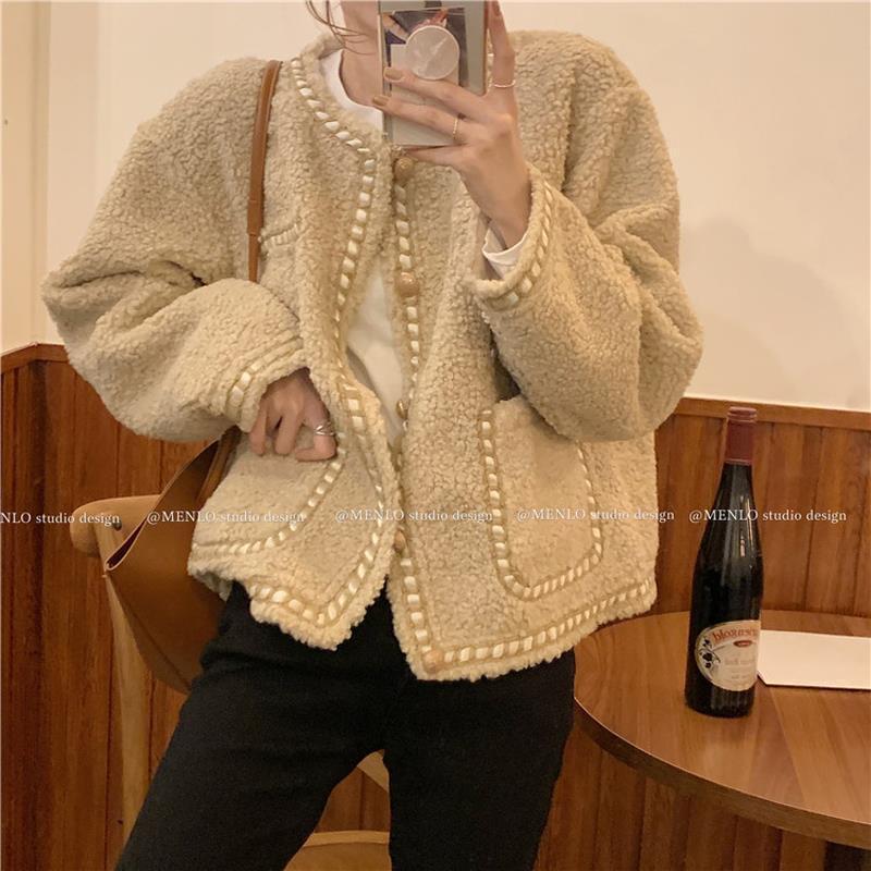 

Winter new loose lazy wind thickened imitation lamb wool fashion single-breasted long-sleeved jacket women s tide S абрикосовый
