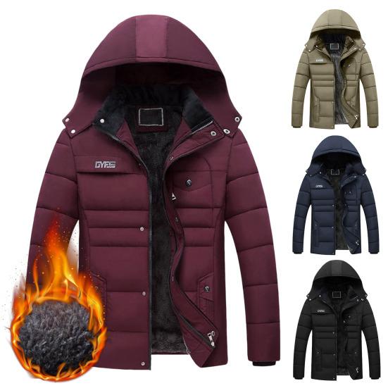 Men Hooded Coat Cotton Padded Plush Lining Solid Color Windbreaker Plus Size