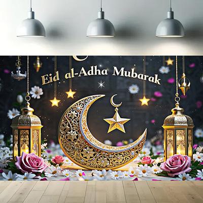 1ks Pozadí Eid Mubarak Víceúčelové Párty Potřeby s Měsícem Hvězdou Lucerny Květinami pro Ramadan Kareem, Eid Al Adha, Obecnou Párty