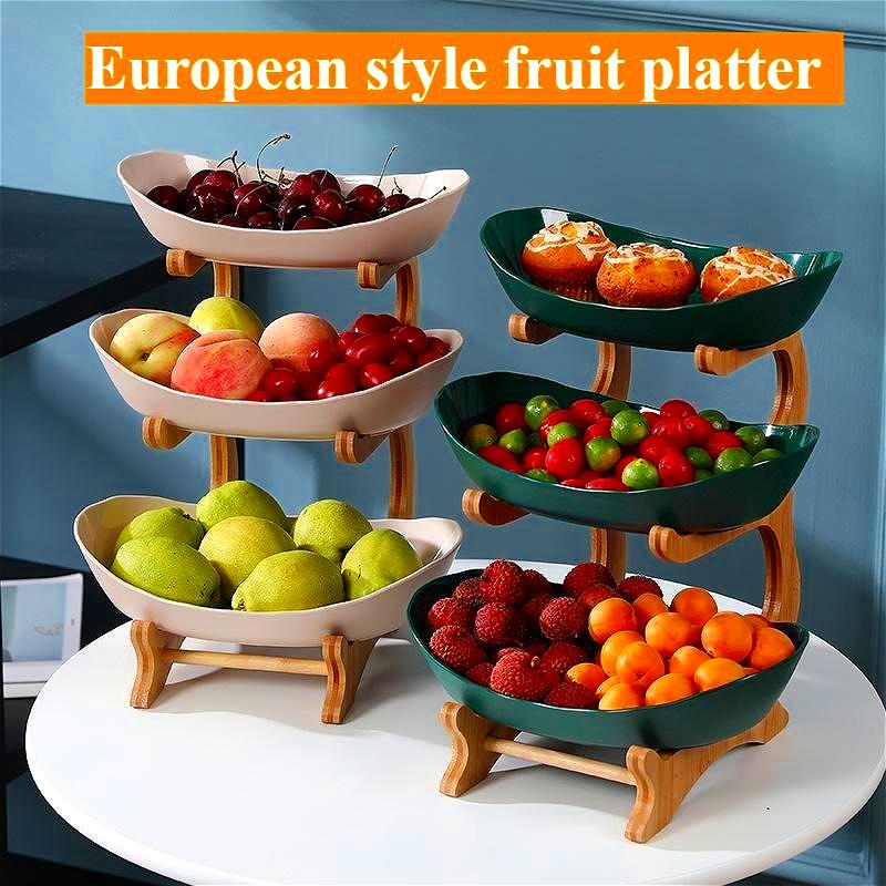 Obstteller, Snackteller, Europäischer High-End-Haushalts-Mehrschichtiger Bambus- und Holzrahmen Obstteller