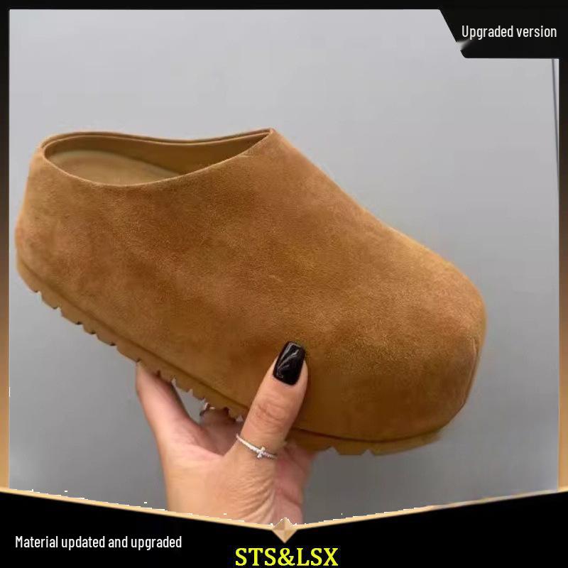 2025 Nowe Damskie Małe Zamknięte Pantofle ze Skóry Nubukowej Podwyższające Obcas Wsuwane do Noszenia na Zewnątrz