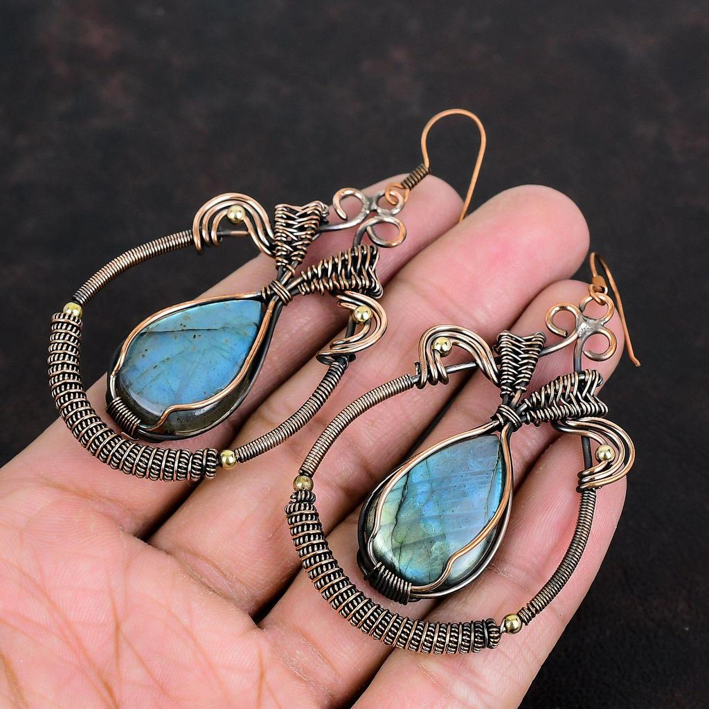 Labradorite Earring Copper Wire Wrapped Earring Gemstone Earrings Labradorite Copper Jewelry Anniversary Gifts Handmade Wire Wrapped Jewelry